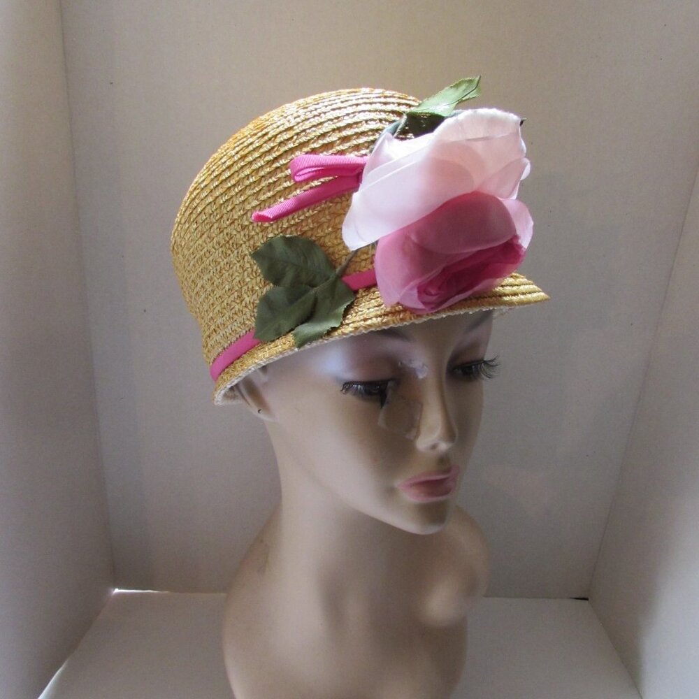 SALE Sweet Mid Century Cloche Style Straw Hat with Pink Rose